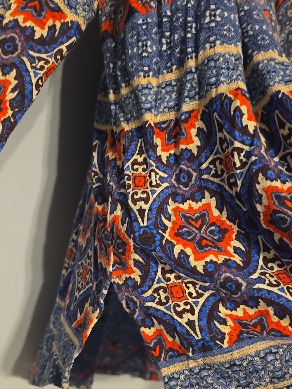 Lucky Brand Blue Orange Paisley Boho Peasant Blouse Tie Neck 3/4 Sleeve - Picture 4 of 10